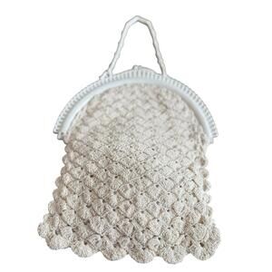 Crocheted Vintage Purse Handbag Circa 1940s Ivory Plastic Strap